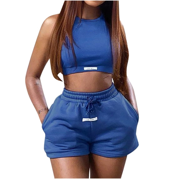 Virmaxy Womens Stylish Comfy Sports Fitness Suit Round Neck Summer Casual Fashion Solid Color Two-Piece Sports Suit Round Neck Summer Casual Fashion Solid Color Two-Piece Sports Set Blue L
