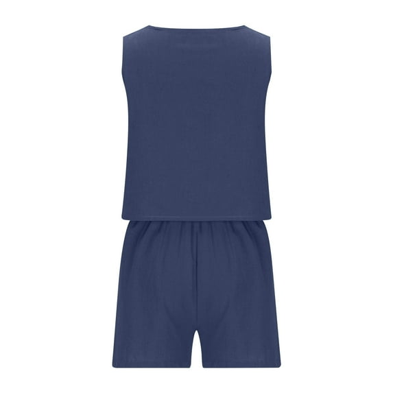 Virmaxy Womens Stylish Outfit 2 Piece Set 2024 Two Piece Casual Linen Shorts Top Fashionable Clothing Summer Vacation Set Navy Xs