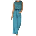 thumbnail image 1 of Virmaxy Womens Stylish Outfit 2 Piece Set Fashion Casual Round Neck Solid Color Sleeveless + Wide Leg Pants Solid Color Two-Piece Suit Suit Blue 3xl, 1 of 6