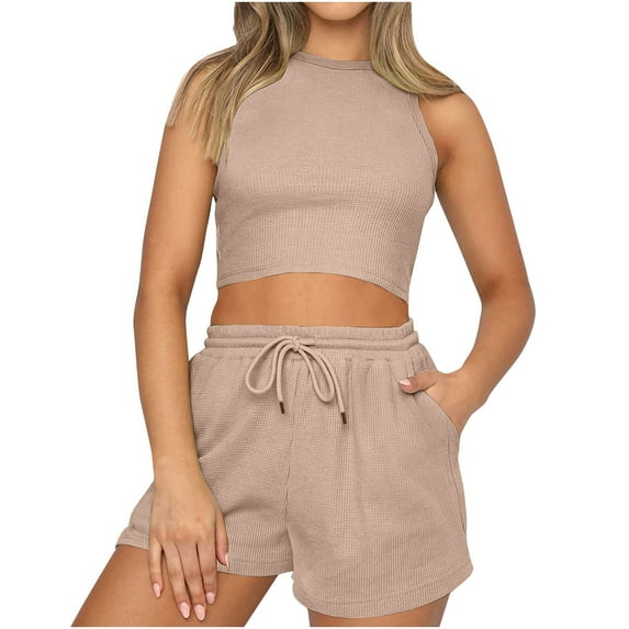 Virmaxy Womens Stylish Outfit 2 Piece Set Fashion Shorts Two Piece Solid Color Sleeveless Casual Set Fashion Shorts Two-Piece Solid Color Sleeveless Casual Suit Beige Xs
