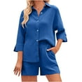 thumbnail image 1 of Virmaxy Womens Stylish Outfit 2 Piece Set Fashion Solid Color Shorts Set Casual Long Sleeve Fold Over Collar Button Down Shirt Top Blue M, 1 of 5