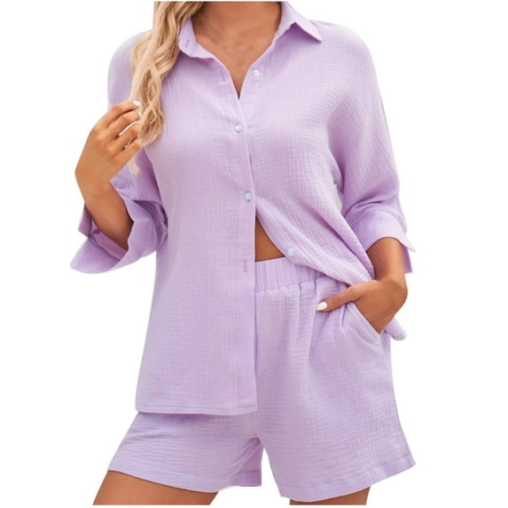 Virmaxy Womens Stylish Outfit 2 Piece Set Fashion Solid Color Shorts Set Casual Long Sleeve Fold Over Collar Button Down Shirt Top Purple S