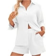 thumbnail image 1 of Virmaxy Womens Stylish Outfit 2 Piece Set Fashion Solid Color Shorts Set Casual Long Sleeve Fold Over Collar Button Down Shirt Top White L, 1 of 5