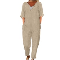 Virmaxy Womens Stylish Outfit 2 Piece Set Fashion Suit Female Spring and Fall In The Middle Sleeve Round Neck Cotton and Linen Casual Two-Piece Suit Female Yellow Xl