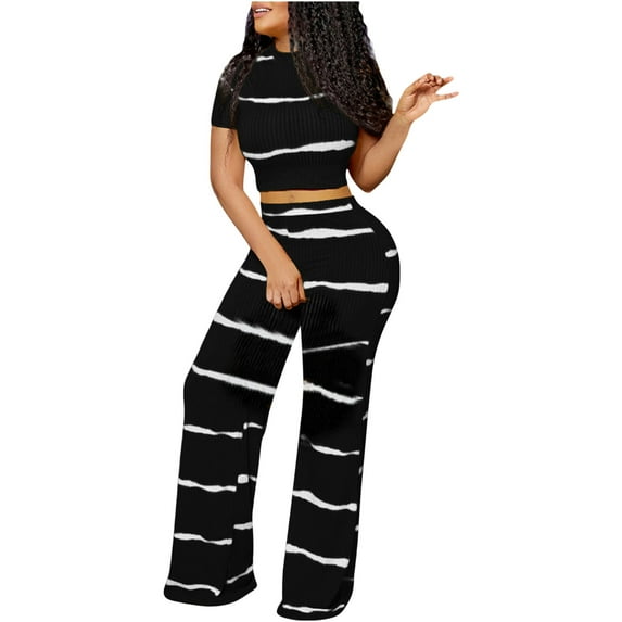 Virmaxy Womens Stylish Outfit 2 Piece Set Short-Sleeved Round Neck Blouse/Shirt Set Fashion Round Neck Solid Short Sleeve Blouse +Loose Pockets Pants Sets Black M