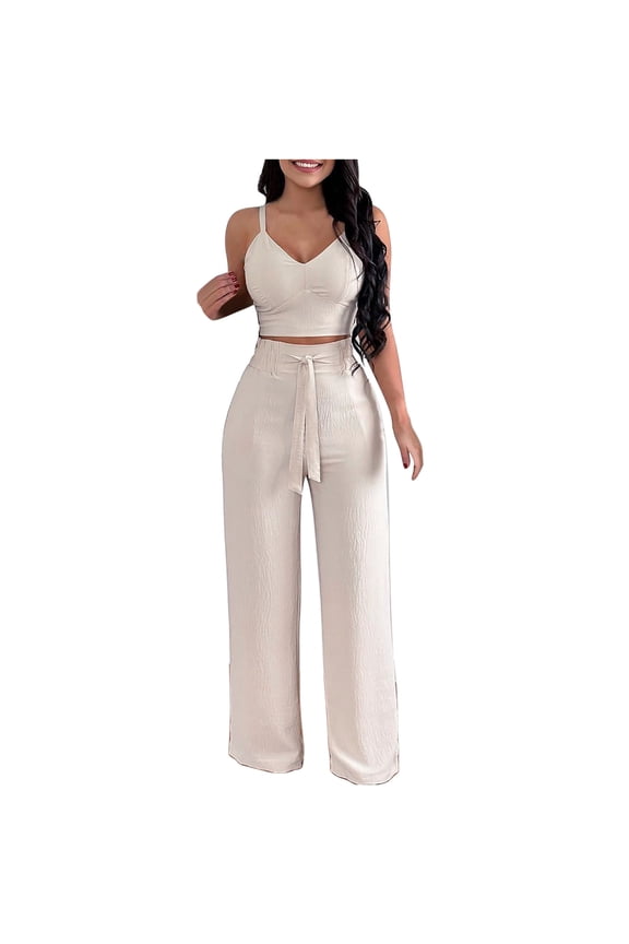 Womens Stylish Outfit 2 Piece Set Solid Color Two-Piece Cotton and Linen Pleated Halter Top Wide-Legged Pants Fashion Casual Suit Beige L