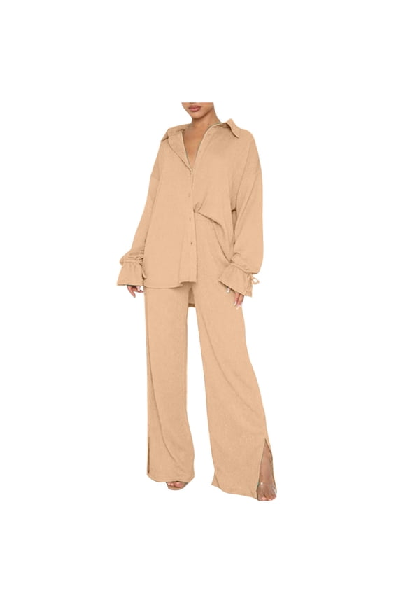 Womens Stylish Outfit 2 Piece Set Spring/Summer Fashion Long Sleeve Loose Pleated Wide Leg Pants Two Piece Casual Set Chic and Comfortable Long Sleeve V-Neck Top/Shirt Set White Xs