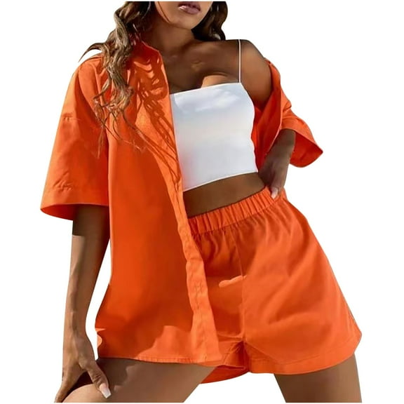 Virmaxy Womens Stylish Outfit 2 Piece Set Spring/Summer Fashion Slim Button Down Top Casual Shorts Solid Color Blouse/Shirt Set Orange S