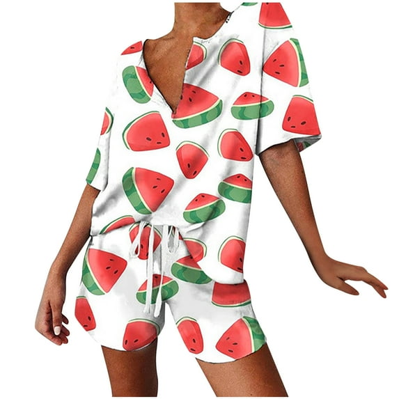 Virmaxy Womens Stylish Outfit 2 Piece Set Spring/Summer Printed Round Neck Ruffle Short Sleeve Shorts Casual Suit Pink Xl