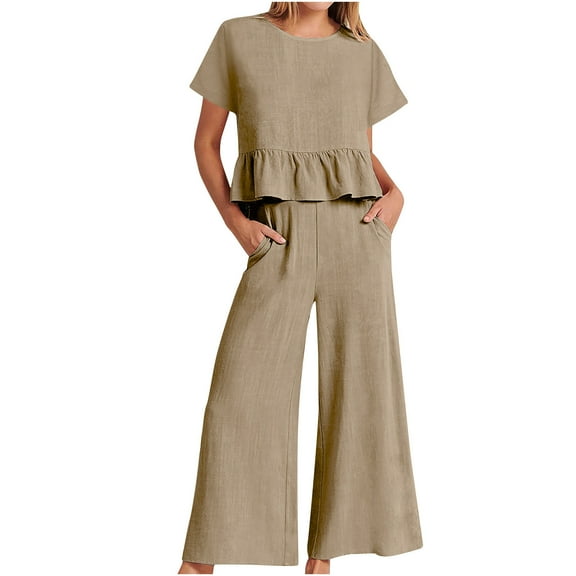 Virmaxy Womens Stylish Outfit 2 Piece Set Summer Cotton Linen Pants Pants Short Sleeve Shirt Suit Casual Two Piece Suit Khaki S
