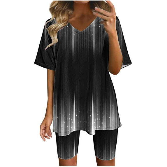 Virmaxy Womens Stylish Outfit 2 Piece Set Summer Marble Printed Shorts 2 Piece Set Fashion Casual Short Sleeve V-Neck Top/Shirt Shorts Set Black-B Xs