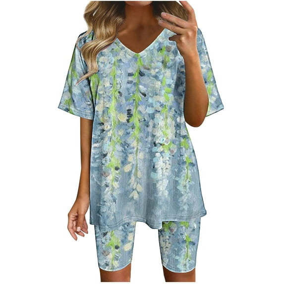 Virmaxy Womens Stylish Outfit 2 Piece Set Summer Marble Printed Shorts 2 Piece Set Fashion Casual Short Sleeve V-Neck Top/Shirt Shorts Set Green-B Xl