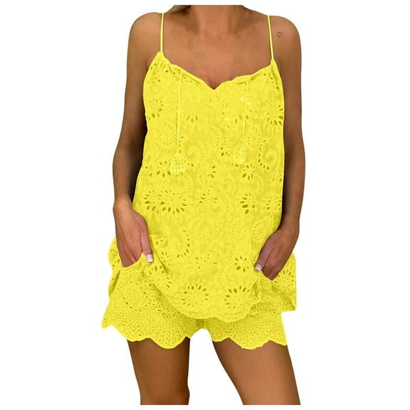 Virmaxy Womens Stylish Outfit 2 Piece Set Summer Solid Color Cotton and Linen Two-Piece Suit (Top + Pants) Fashion Summer Solid Casual Sleeveless Top+ Short Pant Set Yellow Xl
