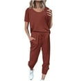 thumbnail image 1 of Virmaxy Womens Stylish Outfit 2 Piece Set Summer Solid Color Two Piece Suit (Short Sleeve + Pants) Fashion Summer Solid Button Casual Short Sleeve Top+ Pant Set Burgundy-E L, 1 of 5