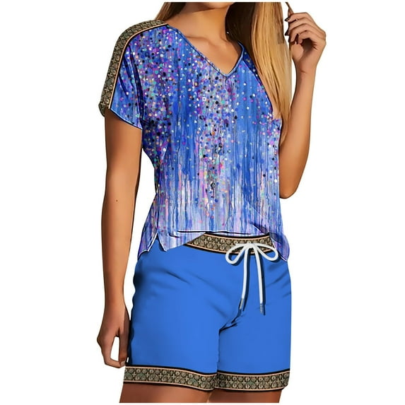 Virmaxy Womens Stylish Outfit 2 Piece Set Two Piece V-Neck Top Shorts Set Fashionable and Comfortable Short Sleeve V-Neck Top/Shirt Set Blue Xs