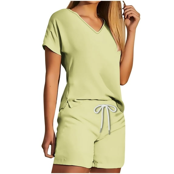 Virmaxy Womens Stylish Outfit 2 Piece Set Two Piece V-Neck Top Shorts Set Fashionable and Comfortable Short Sleeve V-Neck Top/Shirt Set Green-B Xs