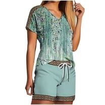 Virmaxy Womens Stylish Outfit 2 Piece Set Two Piece V-Neck Top Shorts Set Fashionable and Comfortable Short Sleeve V-Neck Top/Shirt Set Green Xs