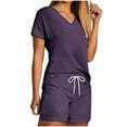 thumbnail image 1 of Virmaxy Womens Stylish Outfit 2 Piece Set Two Piece V-Neck Top Shorts Set Fashionable and Comfortable Short Sleeve V-Neck Top/Shirt Set Purple-B S, 1 of 5