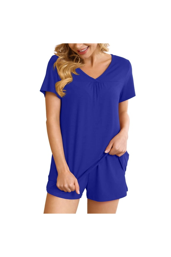 Womens Stylish Outfit 2 Piece Set Two Piece V-Neck Top Shorts Set 2pc V Neck Shorts Sleeve Two-Piece Comfortable Home Pajamas Set Sports Set Blue-A S
