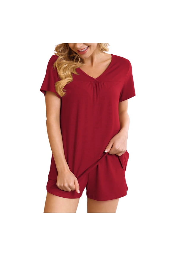 Womens Stylish Outfit 2 Piece Set Two Piece V-Neck Top Shorts Set 2pc V Neck Shorts Sleeve Two-Piece Comfortable Home Pajamas Set Sports Set Red-A Xs