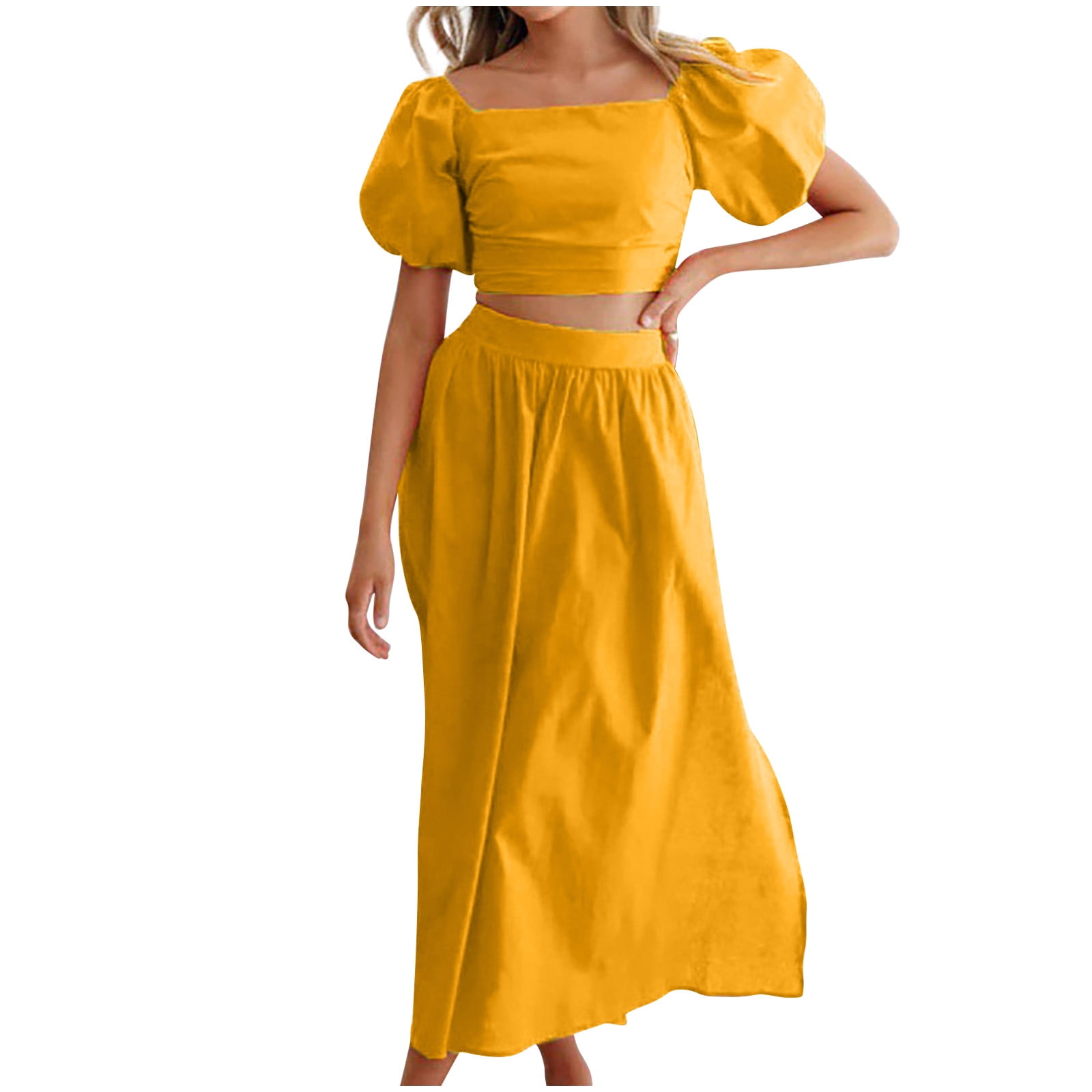 Virmaxy Womens Summer Dresses Alluring Skirt Set Summer Lantern Sleeve  Square Neck Top Split Dress Two Piece Funky Comfortable Short Sleeve Round  Neck Top/Shirt Set Yellow Xs - Walmart.com