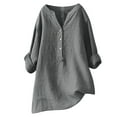 thumbnail image 1 of Virmaxy Womens Summer Long Sleeve T Shirts V-Neck Long Sleeve Loose Button Cotton and Linen Tunic Shirts Summer Shirts Blouse Spring Summer Relaxed Fit Comfy Tee Gray-A XL, 1 of 6