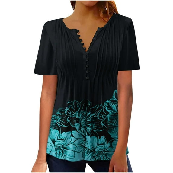 Virmaxy Womens Summer Short Sleeve T Shirts Fashion Casual Vintage Print Round Neck Loose Short Sleeve T-shirt Top Blouse Pullover Spring Summer Relaxed Fit Comfy Tee Blue-B 2XL