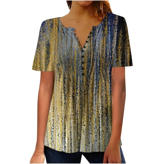 Virmaxy Womens Summer Short Sleeve T Shirts Fashion Casual Vintage Print Round Neck Loose Short Sleeve T-shirt Top Blouse Pullover Spring Summer Relaxed Fit Comfy Tee Gold 3XL