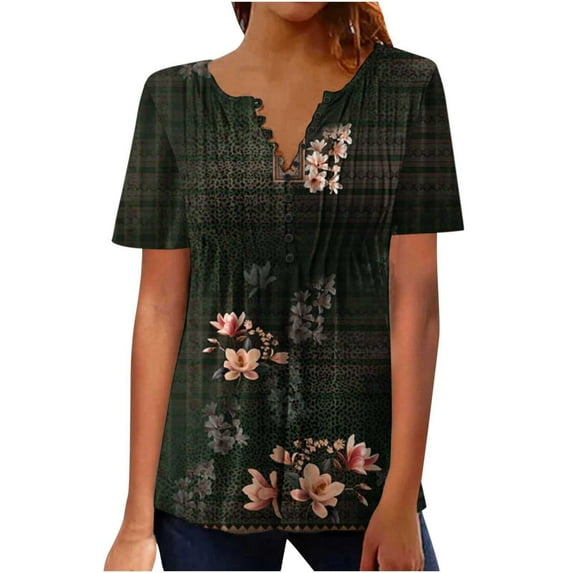 Virmaxy Womens Summer Short Sleeve T Shirts Fashion Casual Vintage Print Round Neck Loose Short Sleeve T-shirt Top Blouse Pullover Spring Summer Relaxed Fit Comfy Tee Olive Green L