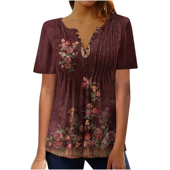 Virmaxy Womens Summer Short Sleeve T Shirts Fashion Casual Vintage Print Round Neck Loose Short Sleeve T-shirt Top Blouse Pullover Spring Summer Relaxed Fit Comfy Tee Burgundy 4XL
