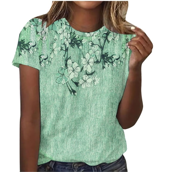 Virmaxy Womens Summer Short Sleeve T Shirts Printed Round Neck Short Sleeve T-shirt Loose Top Blouses Spring Summer Relaxed Fit Comfy Tee Olive Green-A M