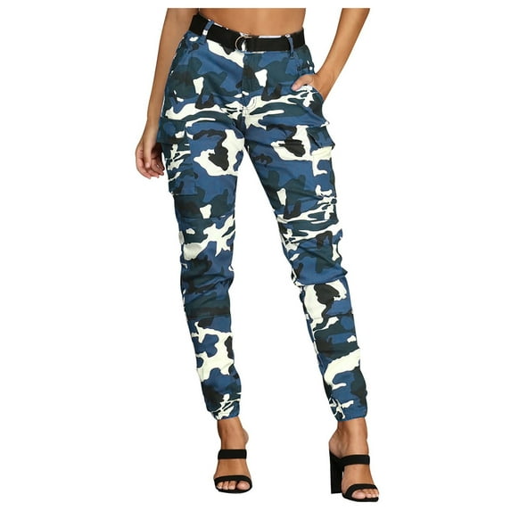 Virmaxy Womens Taper Cargo Pants High Waist Jogger Cargo Camouflage Pants for with Matching Belt Jogger Sweatpants Drawstring Outdoor Trousers with Pockets Blue XL