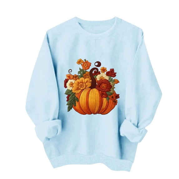 Virmaxy Womens Tops Women's Thanksgiving Pumpkin Floral Crewneck Sweatshirt Long Sleeve Soft Casual Fall Pullover Top for Holiday Gatherings, Sizes XS to XL