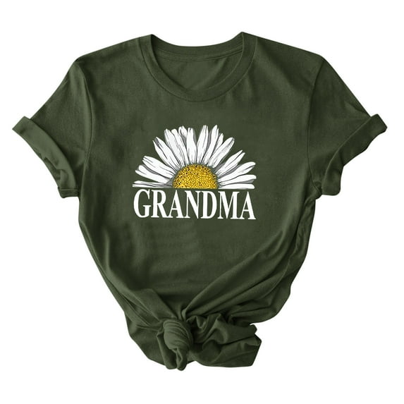 Virmaxy Womens Trendy Grandma Letter Printed Dressy Tops Round Neck Short Sleeve Loose Blouses Comfy Tunic Tops Summer Fashion Casual Baggy Basic Tee Olive Green XS