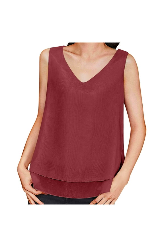 Womens Trendy Leisure Fashion Solid Color Sleeveless Vest v Neck Double Layer Vest Chiffon Bottom Top 2025 Summer Dressy Casual Blouses Red L