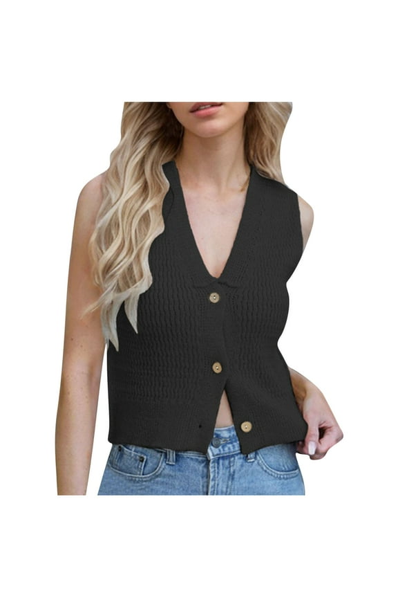 Womens Trendy Leisure New Sleeveless V-Neck Halter Knit Button Down Undershirt Summer Sleeveless Scoop Neck Ribbed Workout Tank Tops Black M