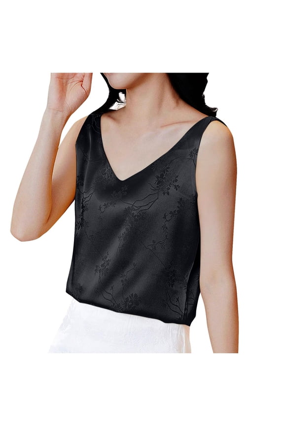 Womens Trendy Leisure Satin Fashion Solid Color Jacquard Sleeveless Vest v-Neck Vest Bottom Top 2025 Summer Dressy Casual Blouses Black S