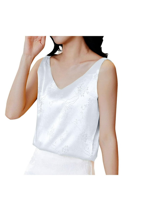 Womens Trendy Leisure Satin Fashion Solid Color Jacquard Sleeveless Vest v-Neck Vest Bottom Top 2025 Summer Dressy Casual Blouses White S