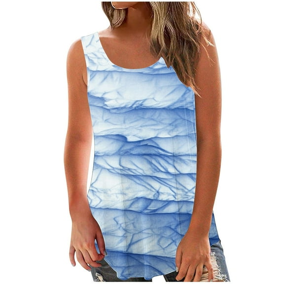 Virmaxy Womens Trendy Printed Tank Top Summer Standard Straps Blouse Loose Fit Round Neck Vest Going Out Spring Beach Vacation Oufits Modern Clothes Blue-2 XXL