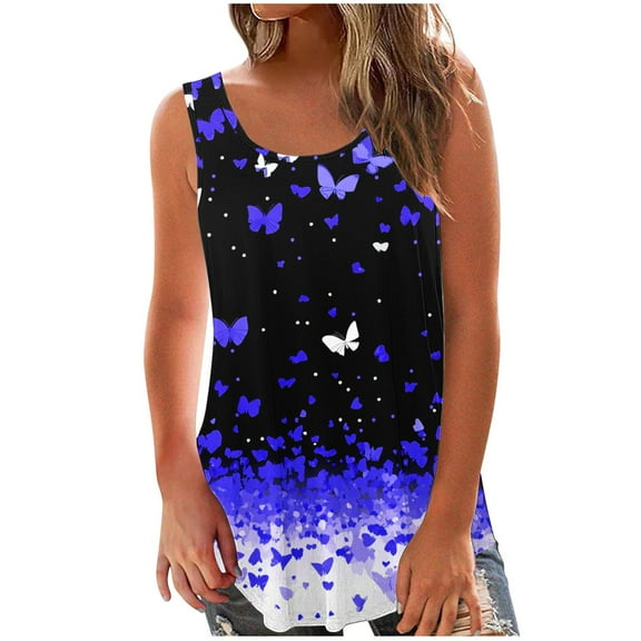 Virmaxy Womens Trendy Printed Tank Top Summer Standard Straps Blouse Loose Fit Round Neck Vest Going Out Spring Beach Vacation Oufits Modern Clothes Blue-1 M