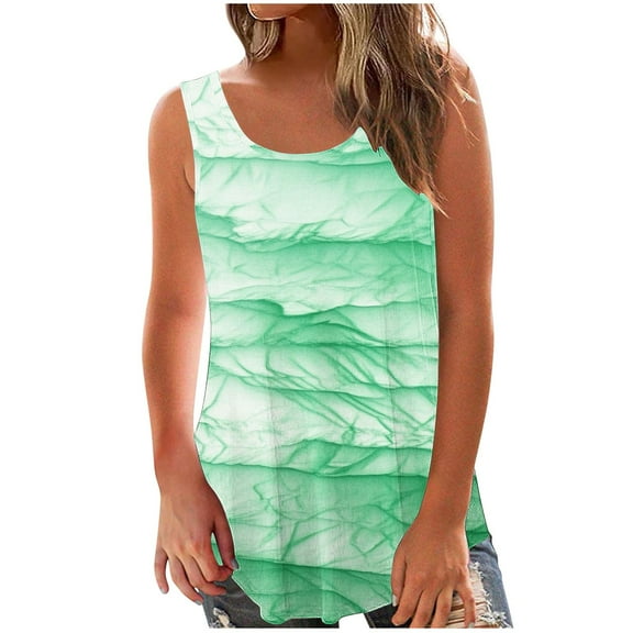 Virmaxy Womens Trendy Printed Tank Top Summer Standard Straps Blouse Loose Fit Round Neck Vest Going Out Spring Beach Vacation Oufits Modern Clothes Green-2 S