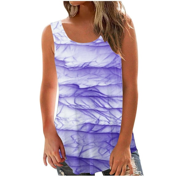 Virmaxy Womens Trendy Printed Tank Top Summer Standard Straps Blouse Loose Fit Round Neck Vest Going Out Spring Beach Vacation Oufits Modern Clothes Purple-2 S