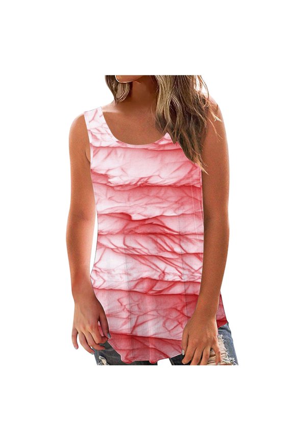 Womens Trendy Printed Tank Top Summer Standard Straps Blouse Loose Fit Round Neck Vest Going Out Spring Beach Vacation Oufits Modern Clothes Red-2 XXL