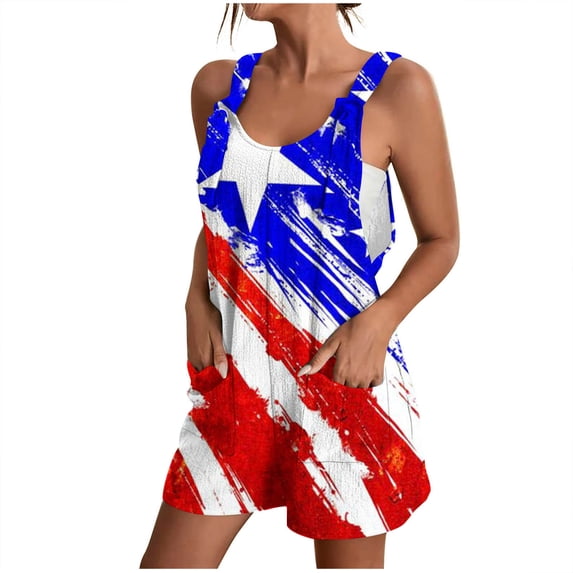 Virmaxy Womens USA Star Stripes 4th of July Jumpsuit Shorts Independence Day Graphic Shorts Overalls Summer Comfortable Casual Suspender Printing Shorts Pocket Jumpsuit Shorts Multicolor-N S