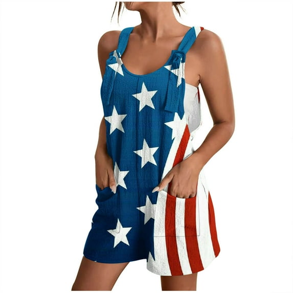 Virmaxy Womens USA Star Stripes 4th of July Jumpsuit Shorts Independence Day Graphic Shorts Overalls Summer Comfortable Casual Suspender Printing Shorts Pocket Jumpsuit Shorts Multicolor-G XS