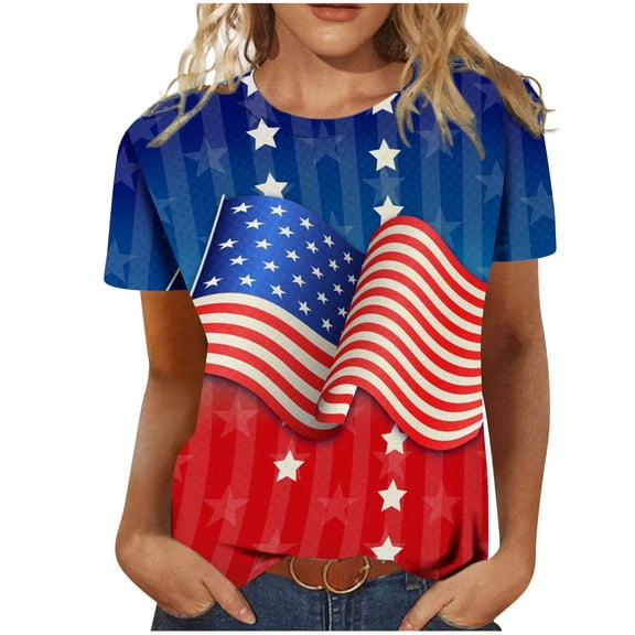 Virmaxy Womens USA Star Stripes Novelty T-Shirts 4th of July Tee Shirts Summer Casual Crewneck Short Sleeve T-Shirts Flag Print Fit Basic Tops Tees Blouses Blue-A 2XL