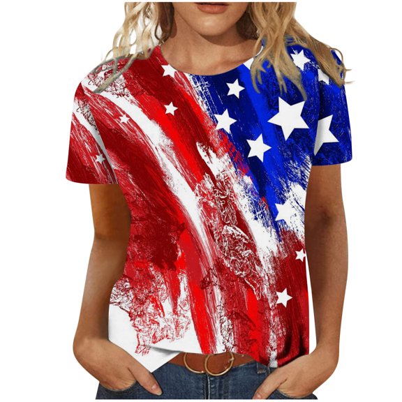 Virmaxy Womens USA Star Stripes Novelty T-Shirts 4th of July Tee Shirts Summer Casual Crewneck Short Sleeve T-Shirts Flag Print Fit Basic Tops Tees Blouses Red-A XS
