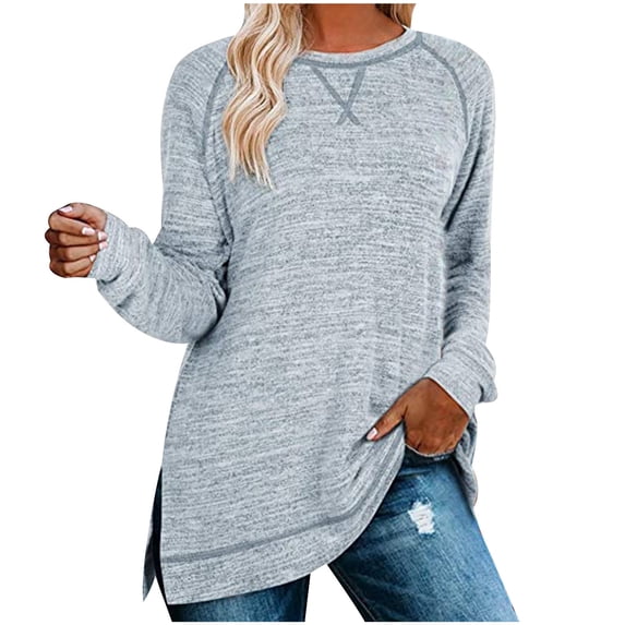 Virmaxy Womens Versatile Tunic Blouse Fashion Cotton Mid-Length Tops Round Neck Pullover Shirt Long Sleeve Side Split T-shirt Light Blue L
