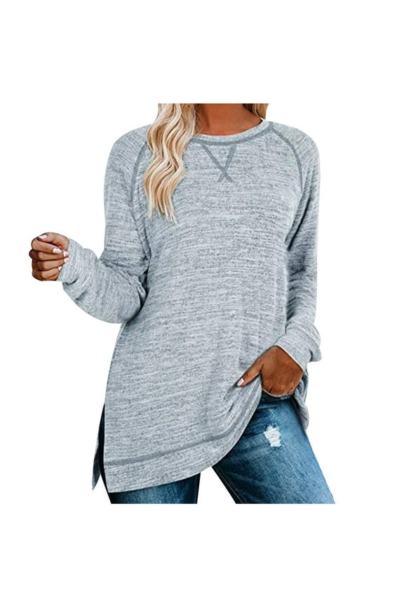 Womens Versatile Tunic Blouse Fashion Cotton Mid-Length Tops Round Neck Pullover Shirt Long Sleeve Side Split T-shirt Light Blue L