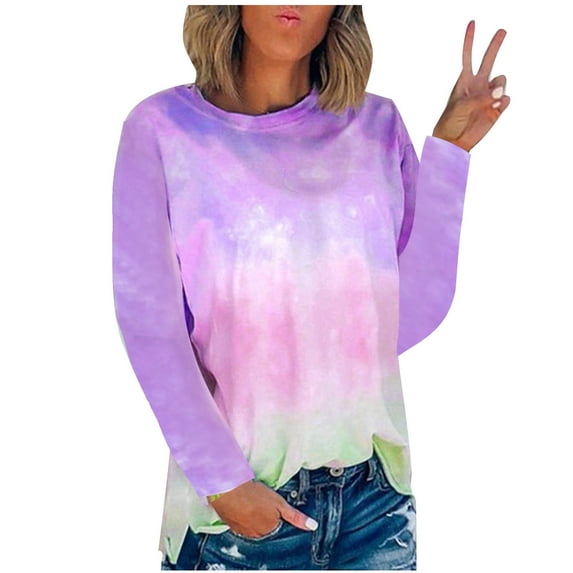 Virmaxy Womens Versatile Tunic Blouse Fashion Tie-dye Printed Mid-Length Tops Round Neck Pullover Shirt Long Sleeve Side Split T-shirt Red XS